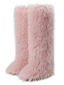 Women's Winter Knee High Boots Pull-On Faux Fur Round Toe Strap Boots For Women Comfy Plush Warm Outdoor Indoor Flat Shoes Punk Party Dressy Furry Fluffy Winter Autumn Fall Boots - Hồng dài - Xem 2