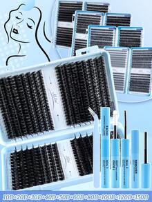 MEM 640/528/300 片装睫毛嫁接套装，DIY 睫毛嫁接套装，单根睫毛簇套装，D 卷睫毛嫁接套装，包含胶水、封层剂和睫毛嫁接工具，适合日常使用、旅行、婚礼、约会、派对、节日，是圣诞节/万圣节/送礼佳品（适合初学者） - 黑色 - 查看 9