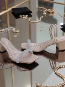 Women's Tropical Party Sandal, PU Leather, Layered Heel, Summer Party - 乾枯玫瑰色 - 查看 5