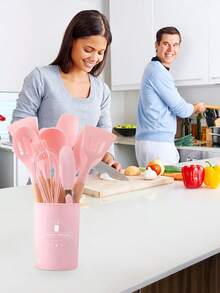 Meoky 12pcs Wooden Handle Silicone Kitchen Utensil Set, Heat Resistant Non-Stick Cooking & Baking Tools, Suitable For Kitchen - Pink - Regular - View 6