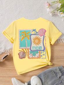 Tween Girl Summer Beach Style Artistic Print Round Neck Short Sleeve T-Shirt, New Spring/Summer Fashion - Yellow - View 2
