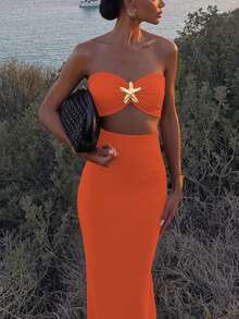 Women's Sexy Hollow-Out Bustier Metal Decor Bodycon Dress, Long Camisole Y2K Style Elegant Vacation, Party, Wedding Guest, Cocktail Dress, Fashionable Hollow-Out Dress, Spring/Summer/Autumn - Coral Orange - View 4