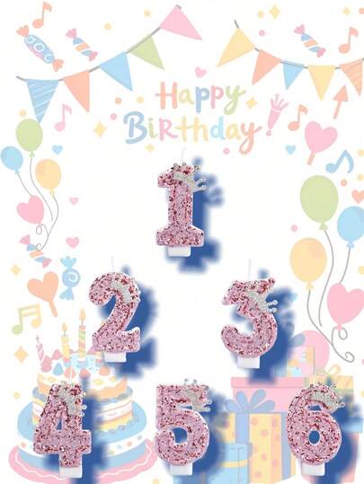 0-9 Birthday Sparkling Pink Candle Numbers, Festival Party Cake, Dessert Accessories Decorative Candles, Party Gifts, Pink Diamond Crown Digital Candles