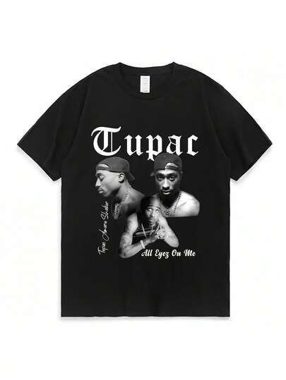 Rap singer - Men's Pattern T-Shirt - Black Hip Hop Streetwear T-Shirt with Iconic Portrait and Back Print, High Quality Regular Version Crew Neck Short Sleeve Casual Top