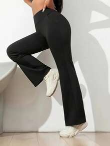 1pcs Women's Straight-Leg Pants, Suitable For Daily Casual Wear, Plain-Colored Straight-Leg Pants, Fitness And Yoga Sports Pants, Spring New Style Straight-Leg Pants, Drapey Straight-Leg Pants, Relaxed Style Commuting Straight-Leg Pants That Enhance Height. - 黑色 - 查看 5