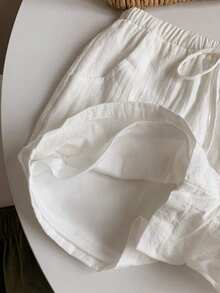 女士休闲白色阔腿短裤，采用时尚系带前襟设计和梭织无弹力面料 - 白色 - 查看 7