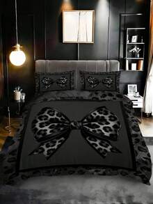 3件套豹纹蝴蝶结印花被套套装（1个被套+2个枕套，不含被芯），采用性感迷人的豹纹印花设计，柔软亲肤，舒缓视觉疲劳，四季皆宜，拉链封口，适用于酒店、卧室、客房和宿舍的床上用品装饰，低过敏性，易于打理，时尚轻盈，透气性好，低过敏性，易于护理，简约现代风格。 - 黑色 - 查看 2