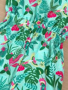 Young Girls' Summer Vacation Tropical Rainforest Leaf Print Jumpsuit With Bowknot Strap - Green - View 4