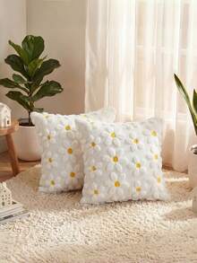 1pc Pink Daisy Decorative Pillow Cover Set, Countryside Style Floral Heart Soft Plush Jacquard Cushion Cover For Home Sofa, Spring/Summer - White - View 6