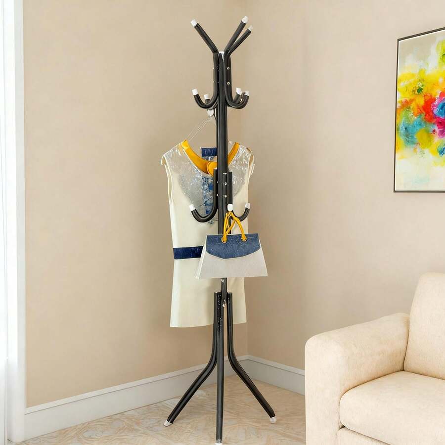 12-Hook Freestanding Coat Rack - Metal Hall Tree Organizer For Hats, Jackets, Bags, And Purses - Black - View 1