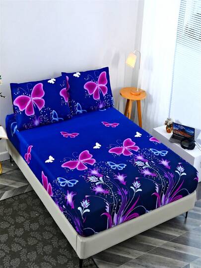 3pcs - 100% Polyester, Butterfly Print Bedding Set | Fitted Sheet | Bedding Set | Multiple Sizes | Double Bed | Large Bed | Super King | Single Bed | Mattress Protector | Bedroom | Guest Room | Dorm | Student Bed | 1 Fitted Sheet + 2 Pillowcases | No Filling