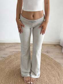 阳光少女风 Y2K 女士直筒裤，夏季纯色，抽绳腰带配翻盖细节，舒适休闲，宽松长裤，通勤必备。 - 淺灰色 - 查看 6