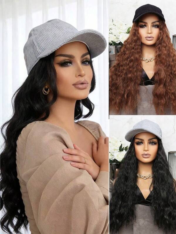 Black/Blue Suede Baseball Cap Wig With Long Curly Hair, Perfect For Holiday Parties, Everyday Wear, And Special Occasions. Also Makes A Beautiful Christmas Gift. (Hair Colors: Black, Brown)