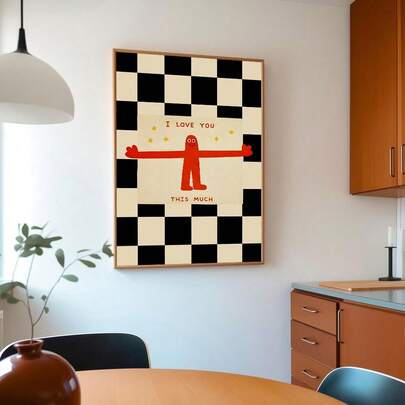 1pc Framed/Unframed I Love You This Much Family Nursery Canvas Poster Vintage Black Beige Checked​ Abstract Graphic Wall Art Print Minimalist Aesthetic Decor Playful Painting For Couple,Lover,Living Room,Bedroom,Modern Home Decoration