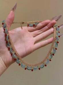 1pc Vintage Palace Style Adjustable Glass Woven Pendant Necklace, Personalized Luxury Versatile Necklace Accessory For Women - Multicolor - View 3