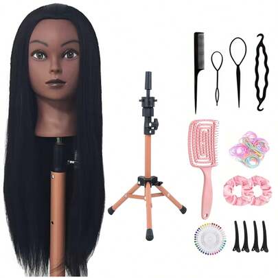Black Mannequin Head With Hair 66.04 Cm Mannequin Doll Head Styling Mannequin Head, Containing A Mannequin Holder, Styling Tools, Etc., Suitable For Hairdressers And Stylists To Design And Practice Hairstyles.