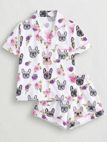 Bộ đồ ngủ in hình chú chó và hoa dễ thương dành cho nữ, áo ngắn tay có cổ thoải mái và quần short cạp chun, đồ ngủ thời trang đẹp cho gia đình, ngày lễ, tiệc tùng, thường ngày - trắng - Xem 1