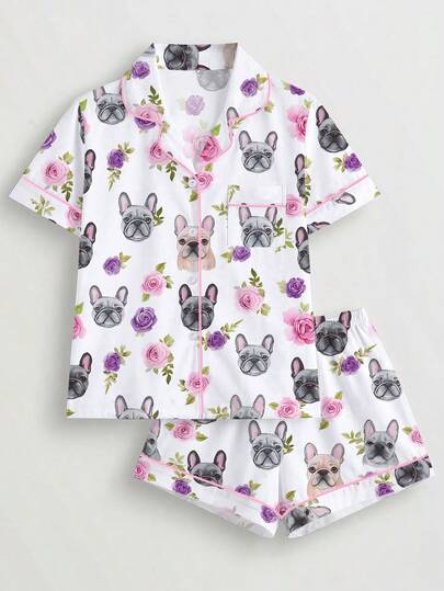 2 件套可爱狗狗和花朵印花女士睡衣套装，有领短袖舒适上衣和松紧腰短裤，适合居家、度假、派对、休闲的漂亮时尚睡衣