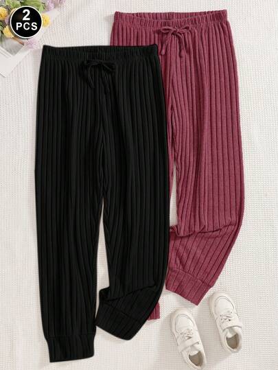 2pcs Women's Plus Size Ribbed Cuffed Pajama Pants, All-Season Elastic Dual Pocket Design Practical Sleepwear, Can Be Worn As Loungewear