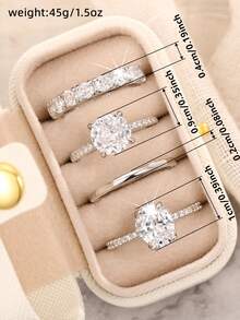 4 piezas de anillos de circonita cúbica preciosos con caja para mujeres para boda, compromiso, aniversario, fiesta, joyería, regalo del Día de San Valentín - Plateado - Ver 5