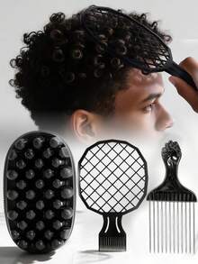 WANMEI Set Of 3 Twist Styling Combs And Brushes, Suitable For African, Curly, Braided, And Short Hair - Bristle Brush And Detangling Comb With Styling Brush (Black/White) - Hair Care Set For Men And Women, Suitable For Braids And Twists - Black - View 2