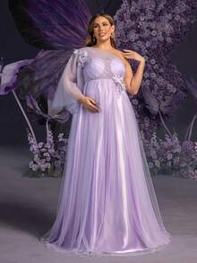 Faeriesty 優雅大尺碼孕婦晚禮服 - 3D花卉裝飾、喇叭袖,適合嬰兒派對、正式晚宴和浪漫晚餐 - 紫羅蘭色 - 查看 5