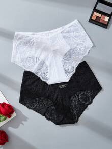 2条装女士内裤，蕾丝内裤，花卉图案蕾丝拼接设计，黑色三角内裤，女士休闲家居日常内裤，白色三角内裤，女士三角内裤 - 彩色 - 查看 2