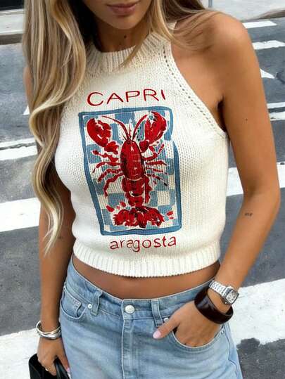 Women's Summer Fashionable Casual Vacation Strapless Colorblock Lobster Print Decor Knit Camisole Top