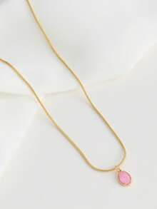 2件套简约休闲女士项链，粉色椭圆形立方氧化锆吊坠格子项链（链扣和珠子数量随机） - 金黃色 - 查看 2