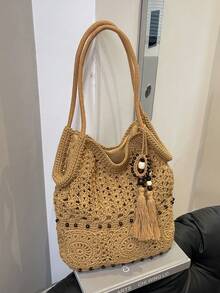 Women's Simple And Versatile, High-Quality, Large-Capacity Woven Tote Bag With Charm Embellishment, Perfect For Everyday Use And Vacations. - Khaki - View 7