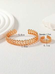 两件套玫瑰金镀层镂空编织手链戒指首饰套装，可调节开口设计，日常叠戴，理想的斋月礼物 - 金黃色 - 查看 5