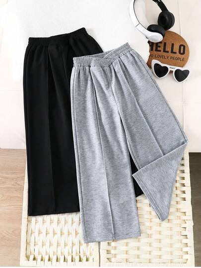 2pcs Girls' Wide Leg Pants, Summer Outfit, Loose Straight Leg Trousers In Black & Gray, Suitable For 4-8 Years Old, Outdoor, Casual, Party, Holiday Gift, Birthday Gift And Other Occasions