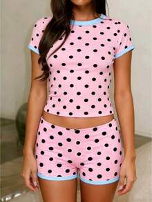 Women's Polka Dot Contrast Trim Loungewear Set - Sleeve Cropped Tee  Shorts Pajama Set With For Summer Cozy Home  Casual Relaxation - 粉色 - 查看 1