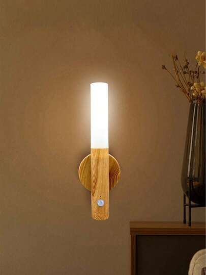 1pc Smart Motion Sensor Night Light, LED Intelligent Rechargeable Home Lighting, Wooden Grain Corridor/Hallway Lamp