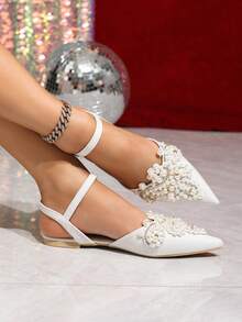 Giày Mary Jane mũi nhọn đính pha lê và nơ thời trang mới dành cho nữ, sandal quai ngang cổ chân kiểu dáng thường ngày. - trắng - Xem 2