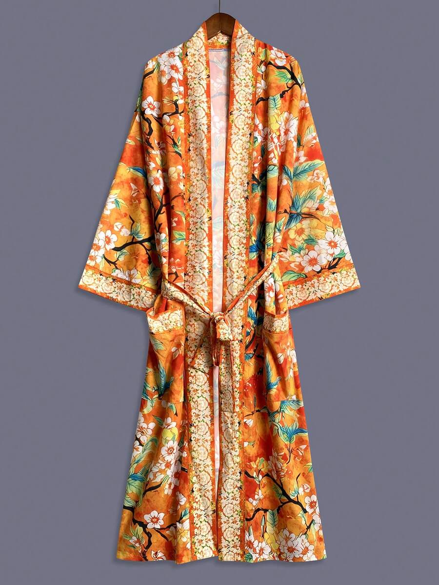 Bohemian Style Fashion Ditsy Floral Mid-Length Long Sleeve Kimono Cover Up Women's European And American Casual Elegant Party Wear Cover-Up Vacation - Orange - View 1