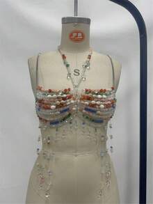 GLOSSMOON Handmade Beaded Chest Chain Bra - Multicolor Crystal & Shell Fringe Body Jewelry - Boho Beach Vacation Accessories For Women GLOSSMOON  Sunset Muse Beaded Body Chain | Mermaidcore Aesthetic Jewelry | Summer Rave & Beach Party Statement Bra - Màu sắc - Xem 4