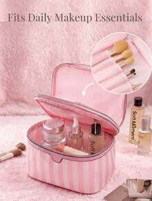 Cute Pink & White Stripe Makeup Bag With Compartments,Nylon Travel Essentials Cosmetic Bag Organizer Toiletry Bag For Women Girls, Simple Pink Portable Storage Bag With Four Different Sizes To Choose From, Suitable For Home Storage, Cosmetics Storage, Cute Appearance, Suitable As A Gift - 手持雙層(粉紅色) - 查看 5
