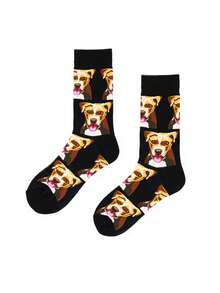 1双男女通用黑色比特犬印花透气可爱中筒袜，适合日常穿着和宠物爱好者，四季皆宜。 - 彩色 - 查看 2