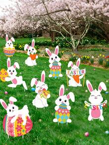 9个复活节花园兔子标志牌，带插杆，塑料兔子，彩蛋花园装饰，适合户外复活节彩蛋寻宝派对装饰 - 彩色 - 查看 1