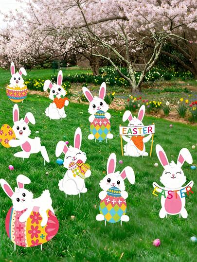 9pcs/Easter Garden Signs Easter Bunny Outdoor Signs With Stakes Rabbit Egg Garden Decor Plastic Rabbit Lawn Ornaments Perfect For Outdoor Garden Egg Hunts Party Decorations
