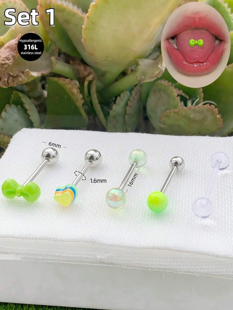 Morlyda 5件套甜美可爱舌钉粉色棒棒糖舌钉14G不锈钢粉色樱桃草莓舌钉花朵玫瑰舌饰星星爱心舌钉蝴蝶舌钉饰品，适合女性女孩情人节圣诞节礼物派对度假日常佩戴穿孔饰品，适合夏季旅行、婚礼、派对、生日、日常搭配，是送给朋友的精美礼物，适合日常派对、夜生活、社交聚会等场合。 - 綠色 - 查看 9