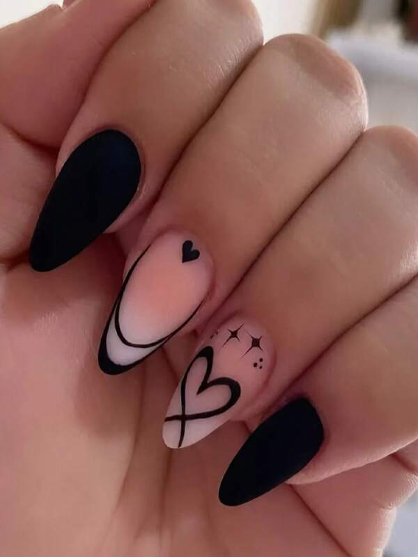 24pcs Almond Shaped Press-On Nails, White Gradient And Black Full Coverage Reusable Press-On Nails With Apricot Glossy Finish, Black Heart And Star Alternating Decor, Dark Tone Manicure, Includes 1 Nail File And 1 Sheet Of Jelly Glue, Suitable For Women And Girls Daily Wear