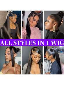 ZHENDEFA 隐形绑带360°仿真肌肤高清透明蕾丝前额假发，200密度直发蕾丝前额假发，隐形绑带预拔毛抽绳360°无胶假发，真人发，女士适用 - SNatural - 查看 8