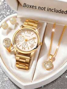 5pcs Women's Quartz Watch Set, Includes Quartz Watch With Roman Numeral Dial, Rhinestone Earrings, Rhinestone Ring, And Rhinestone Heart Necklace, Designed In Shiny Gold Tone - Gold - View 1