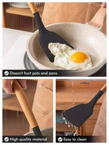 Meoky 12件套木柄硅胶厨房用具套装，耐热不粘烹饪烘焙工具，适用于厨房 - 黑色-加大款 - 查看 5