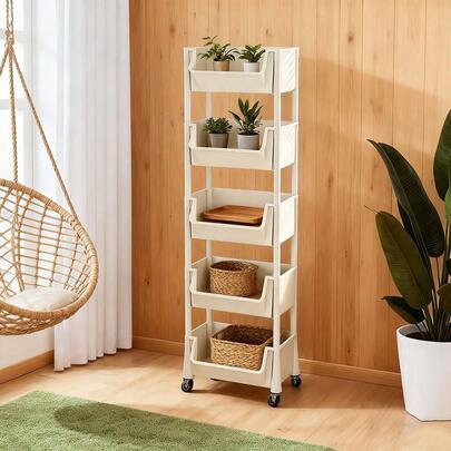 1pc 5-Tier Heavy Duty Plastic Storage Rack With Side Hooks, Multifunctional Freestanding Open Shelving, Space-Saving Vertical Organizer For Kitchen, Entryway, Home, Bedroom, Living Room, Sturdy Durable Shelf For Shoes, Books, Tableware, Cookware, Small Space Storage Solution