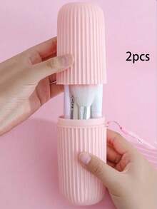 1pc Portable Makeup Brush Holder, Travel Toothbrush Case, Pen Holder Set, Multi-Function Covered Wash Cup, Vertical Striped Compact Travel Organizer Box For Toothbrush, Toothpaste, Lipstick, Makeup Brushes And More,Room Decor - Pink - View 17