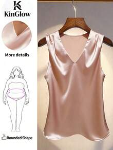 Plus Size Solid Color V-Neck Sleeveless Shirt, Elegant For Office/Commute, Summer - Champagne - View 3