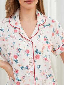 Floral Print Contrast Piping PJ Set - Multicolor - View 6